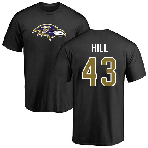 Men Baltimore Ravens Black Justice Hill Name and Number Logo NFL Football #43 T Shirt->nfl t-shirts->Sports Accessory
